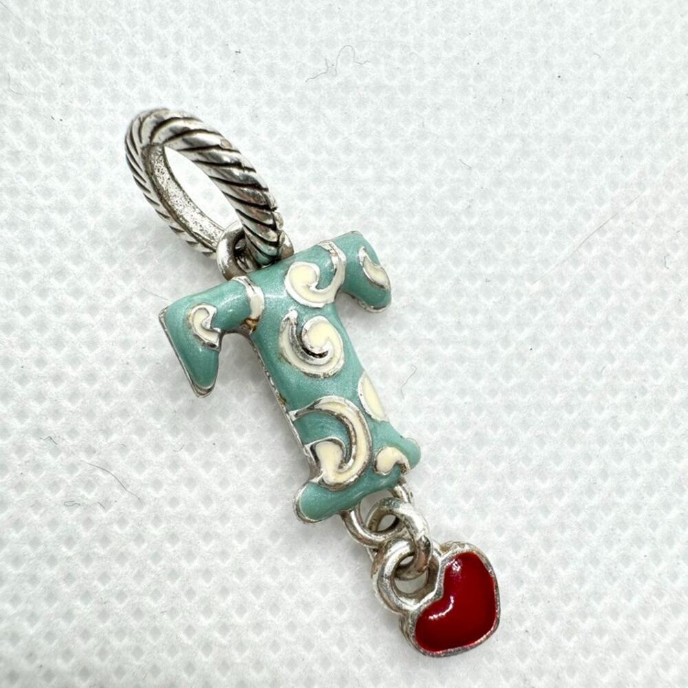 Brighton ABC Initial Letter Charm "T" Teal White Enamel Silver Tone Heart Dangle